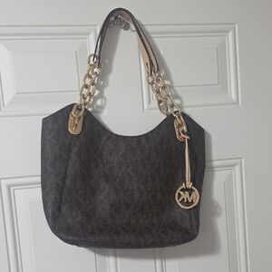 Michael Kors Dark Brown Shoulder Bag with Gold Accents.